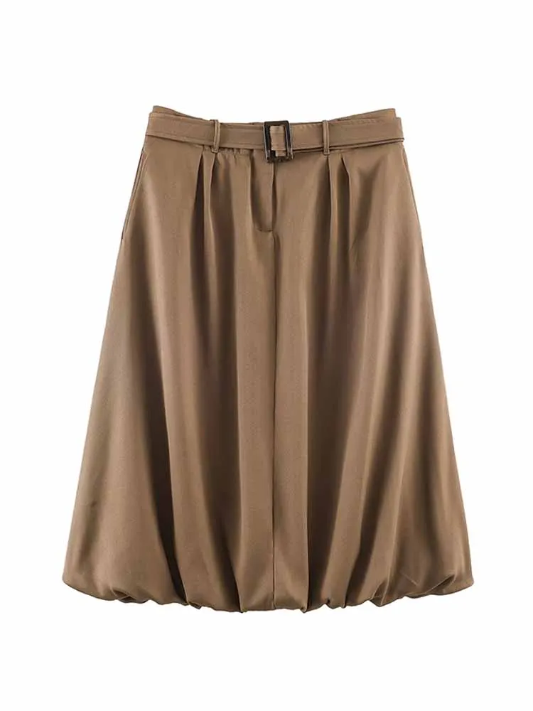 

HH Woman Spring Fashion Versatile With Belt Balloon Version Solid Color Middle Length Skirt Female Summer Casual Loose Skirt