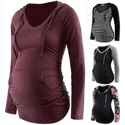 Autumn Winter Vneck Hooded Matching Longsleeved Pocket Maternity Top Nursing Warm Longsleeve Drawstring Sweatshirt Casual TShirt