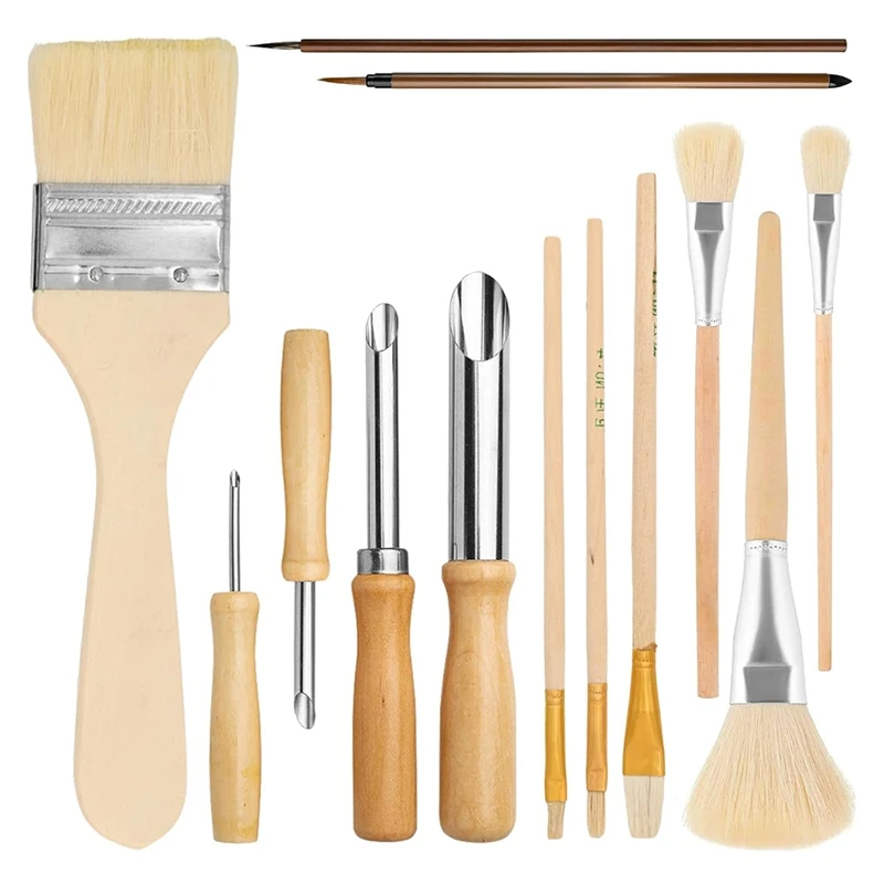 13Piece Pottery Glaze And Ceramic Brush Set Underglaze Brushes, Watercolor Wool Paintbrushes, Pottery Tools And Supplies