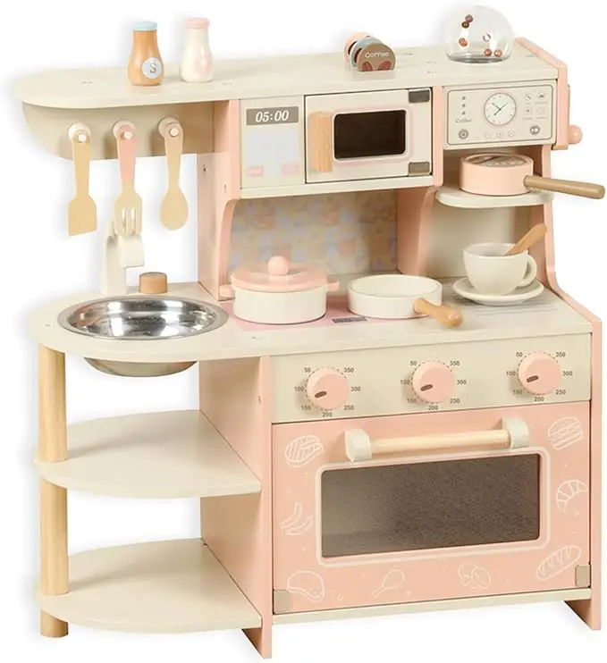 Wooden Kitchen Playset for Kids Ages 3-8, Pretend Play Kitchen for Toddlers with Realistic Design, Cooking Accessories, Coffee