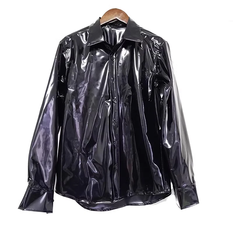 Black Gloss PVC Plastic Shirt Fetish Button Long Sleeve Blouse Soft Smooth Silent Waterproof Coats Private Party Nightclub Tops