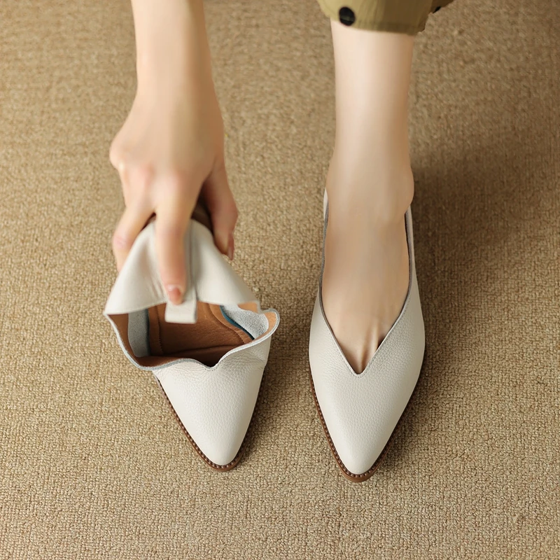 Women Pumps Shoes Genuine Leather Office Lady Pointed Toe Office & Career Slip-On Elegant Shoes Women Low Heels A58