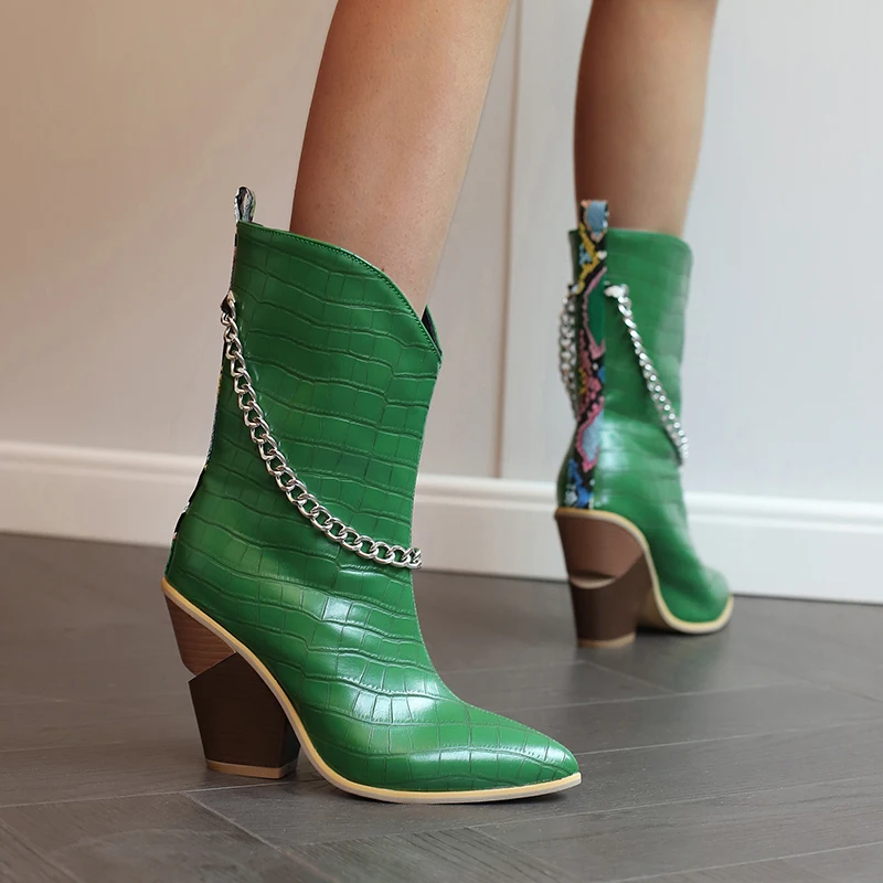 Western Cowboy Booties for Women Punk Chain Cowgirl Ankle Boots Wedges High Heels Green Purple Autumn Winter Shoes Large Size 48