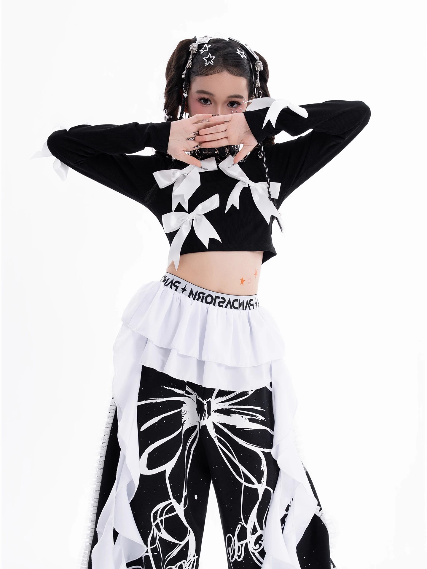 Süße Bowtie Mädchen Jazz Dance Kleidung Schwarz Tops Hosen Mode Street Wear Kinder Laufsteg Konzert Outfits Hiphop Show Tragen BL17651