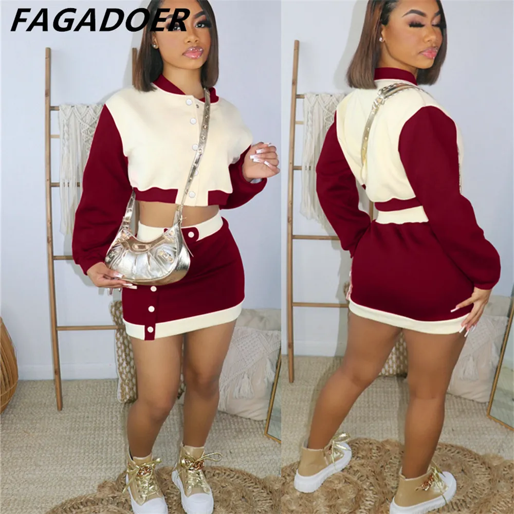 FAGADOER Winter Fall Outfits Women Patchwork Baseball Coat + Mini Skirts Sets 2 Piece Sets Womens Outfit Casual Streetwear Y2K