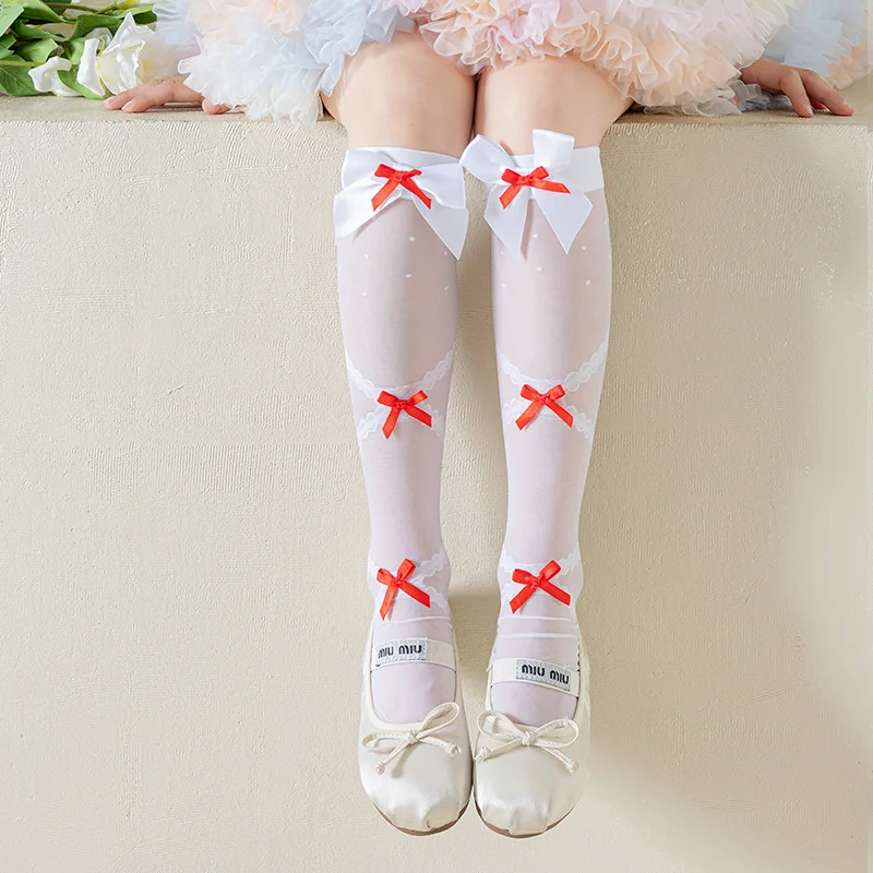 Spring/summer Thin Cross Diamond Ballet Style Long Socks Girl's Lolita Candy Colored Bowknot Calf Socks Large Bow Lace Stockings