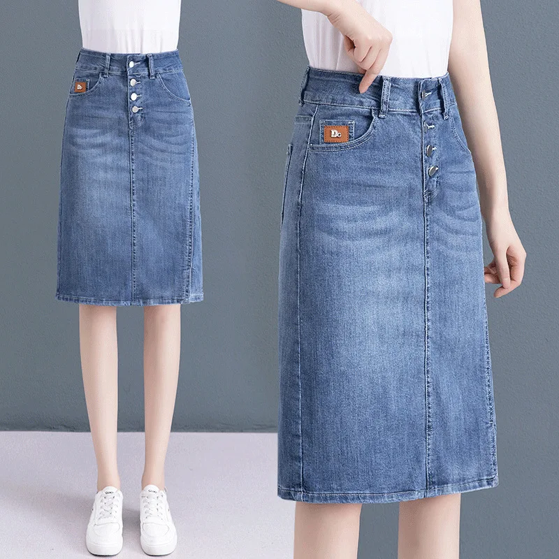 

WAYOFLOVE Women's Blue Denim Skirt Package Hip Button High Waist Slim Mid Skirts New Summer Female Casual Streetwear Denim Skirt