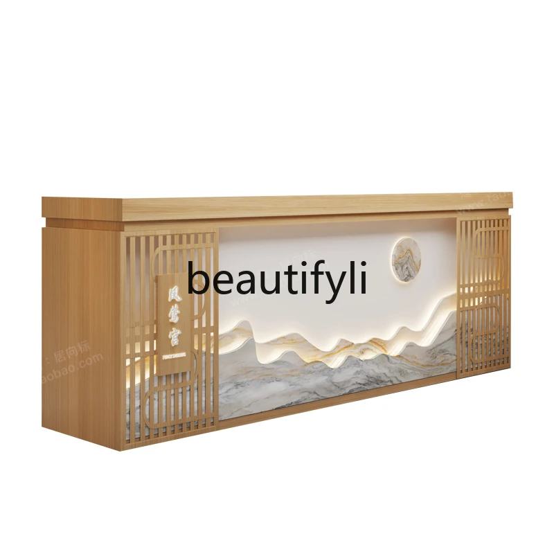 

New Chinese style solid wood bar table checkout page Front desk reception Foot bath Health club Caier shop B & B Hotel