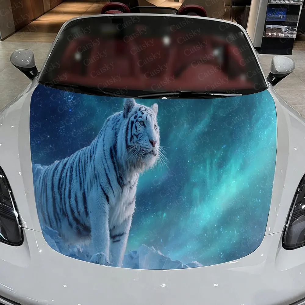 

Elegant Blue - Eyed White Tiger Car Hood Stickers - Self-Adhesive, Waterproof and Durable Vinyl Wrap, Decorate And Protect Your