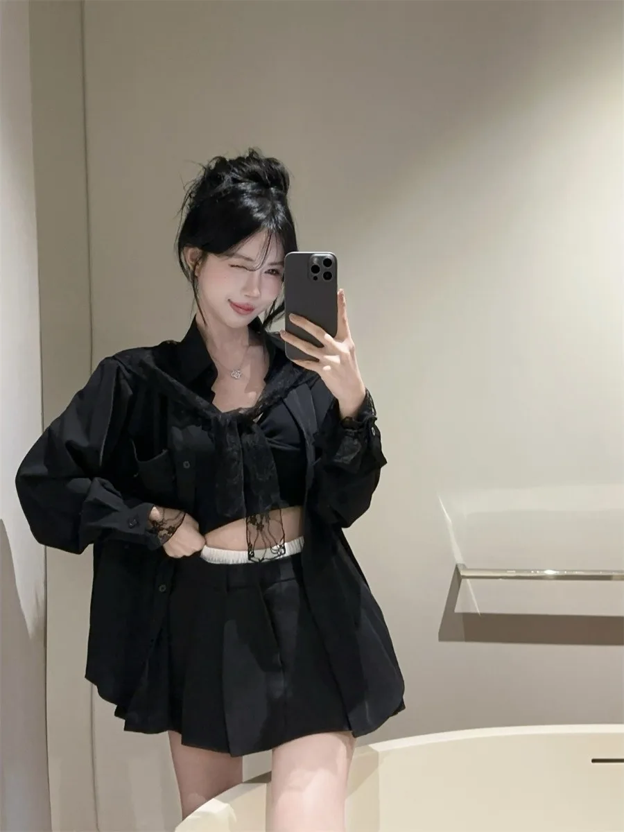 

Cool Commute Style Long Sleeve Lace Patchwork Belted Women's Shirt Design Slimming Top Polyester Fiber Non-Shrinkage