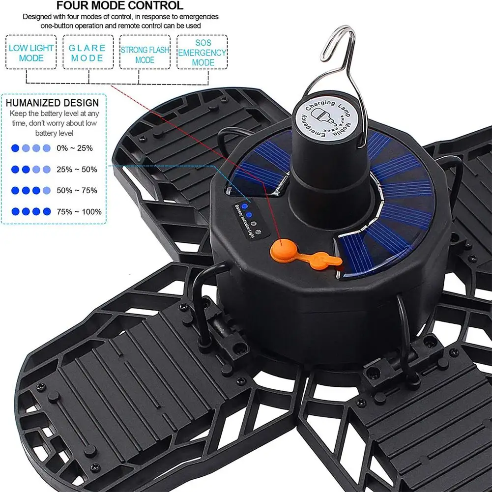 Lámparas solares portátiles de 4 hojas, luces de garaje con Control remoto, recargable por Usb, para acampar, senderismo, iluminación interior y exterior