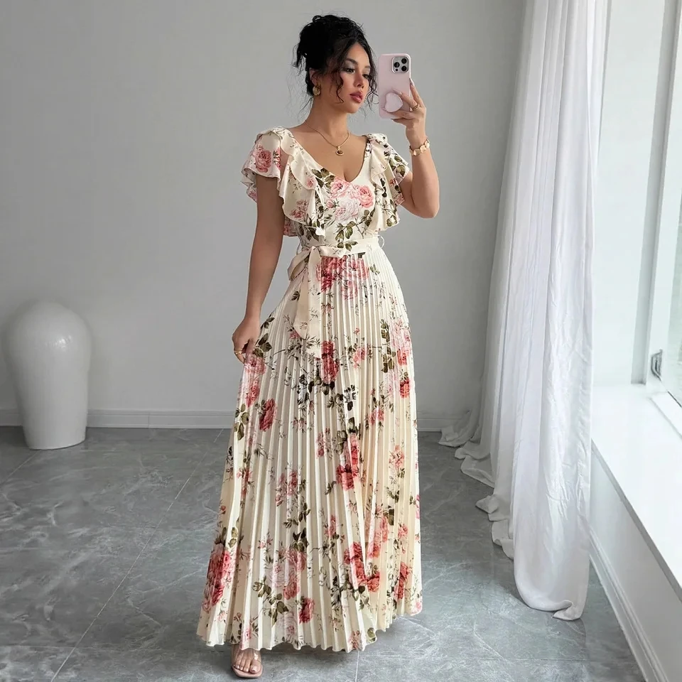 

Vestidos Elegantes Sleeveless Lace Floral Print V-neck Ruffled A-line Elegant Women New Evening Gown With Hem Pleated Long Skirt