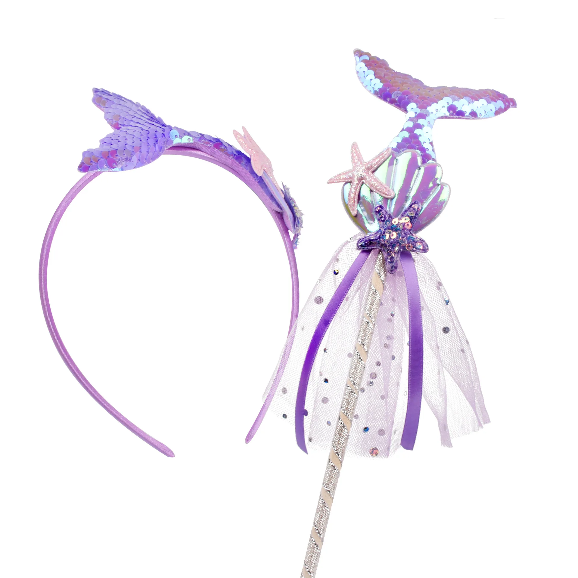 Mermaid Shell Starfish Kid Headband Wand 2Pcs Set Iridescent Sequin Exquisite Fairy Princess Hair Accessory For Stage Photo Prop view 4