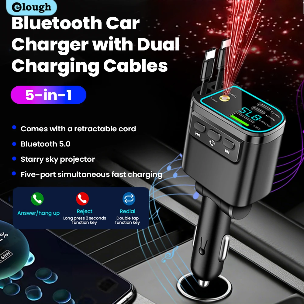 

5 IN 1 Bluetooth Car Charger With Type C To Type C iOS Retractable Cable For iPhone Roof Starlight USB Car Phone Charger QC 3.0