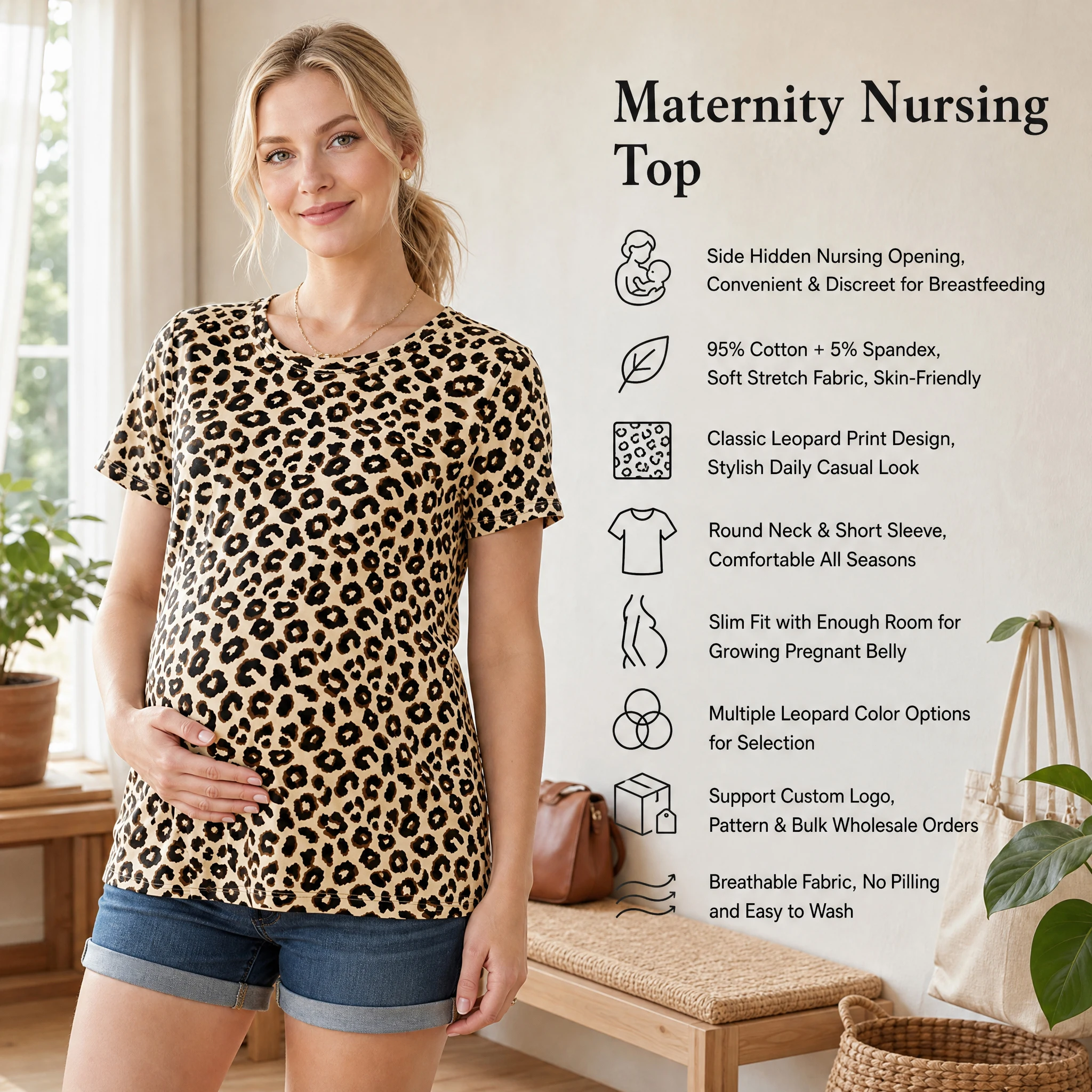 Leopard Print Maternity Nursing Top Short Sleeve Round Neck Side Vertical Zipper Breastfeeding T Shirt Stretch Pregnancy Tee