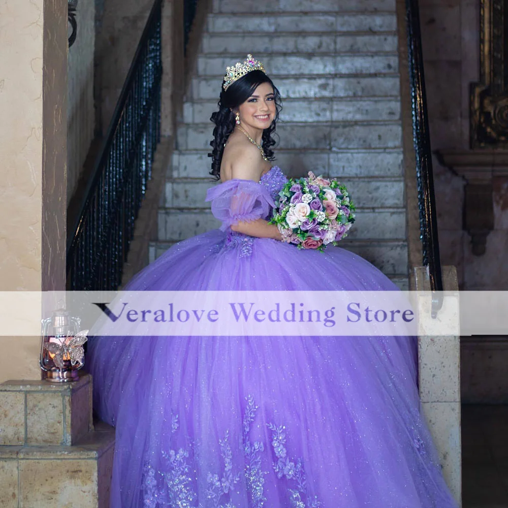 Vestido de quinceañera Lila, corsé con hombros descubiertos, apliques florales, cristal, 15 años