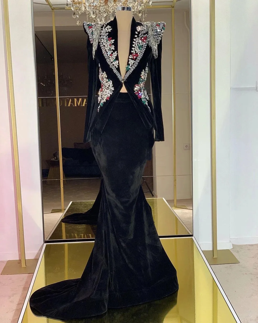 Long Velvet Jacket  Set Crystal Embroidery Evening Dresses Beading Fashion Party Gown robe soirée femme vestidos de noche