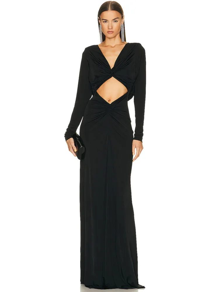 Women Luxury Sexy Long Sleeve Key Hole Cut Out Black Maxi Long Bodycon Gowns Dress Elegant Evening Party Club Dress