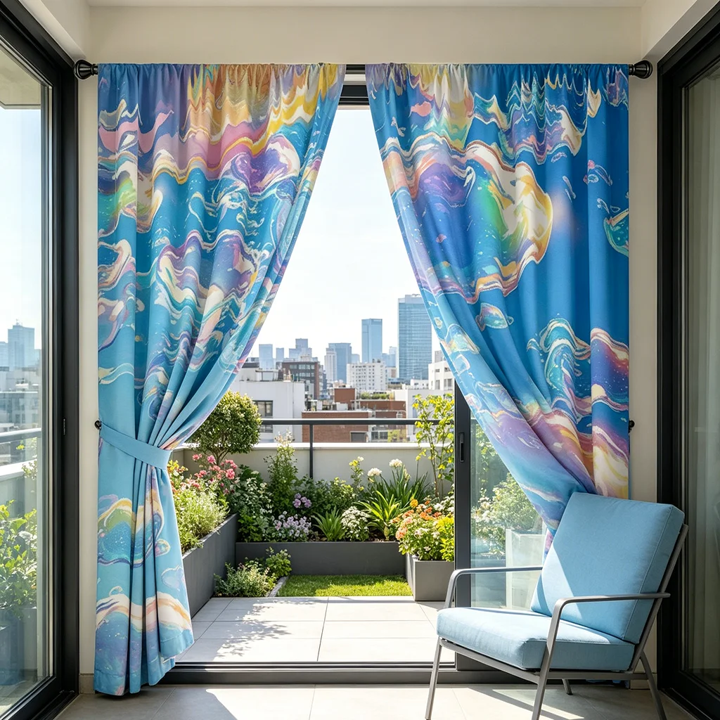 2PCS Fresh Blue Sky Bubble Pattern Printed Curtain with Rod Bag Design, Suitable for Bedroom and Living Room