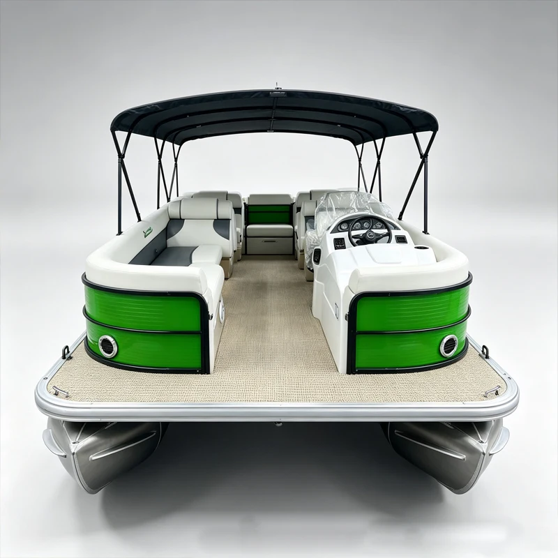 22FT Aluminum Pontoon Boat Green Black Design With Sunshade Canopy Customizable