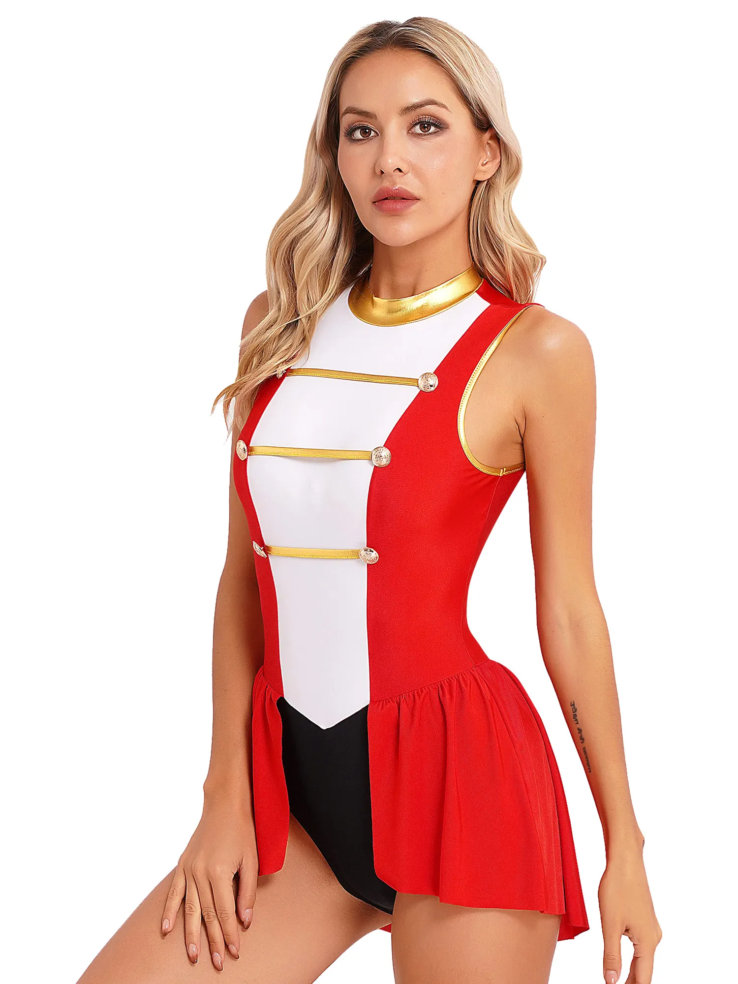 Womens Circus Ringmaster Cosplay Costume Halloween Theme Party Masquerade Showman Clothes Sleeveless Cutout Skirted Bodysuit