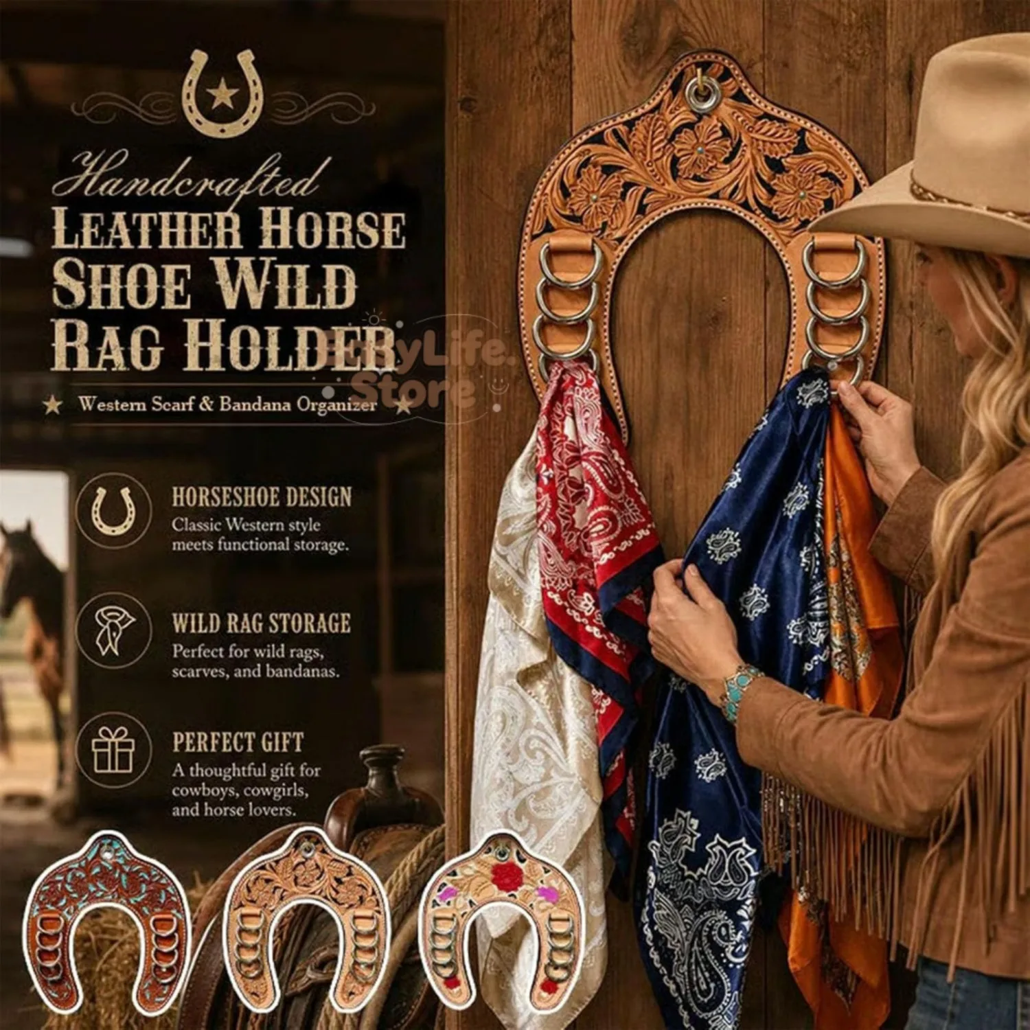 Handcrafted Leather Horseshoe Wild Rag Holder Western Cowboy Scarf Organizer Metal Rings Rustic Ranch Themed Wall Display Rack