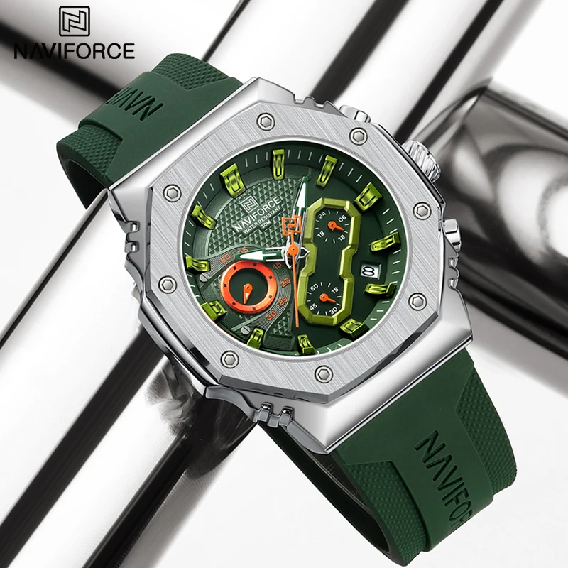 NAVIFORCE reloj de moda para hombre, banda de silicona suave, calendario de cuarzo, cronógrafo, reloj de pulsera deportivo informal resistente al agua para hombre