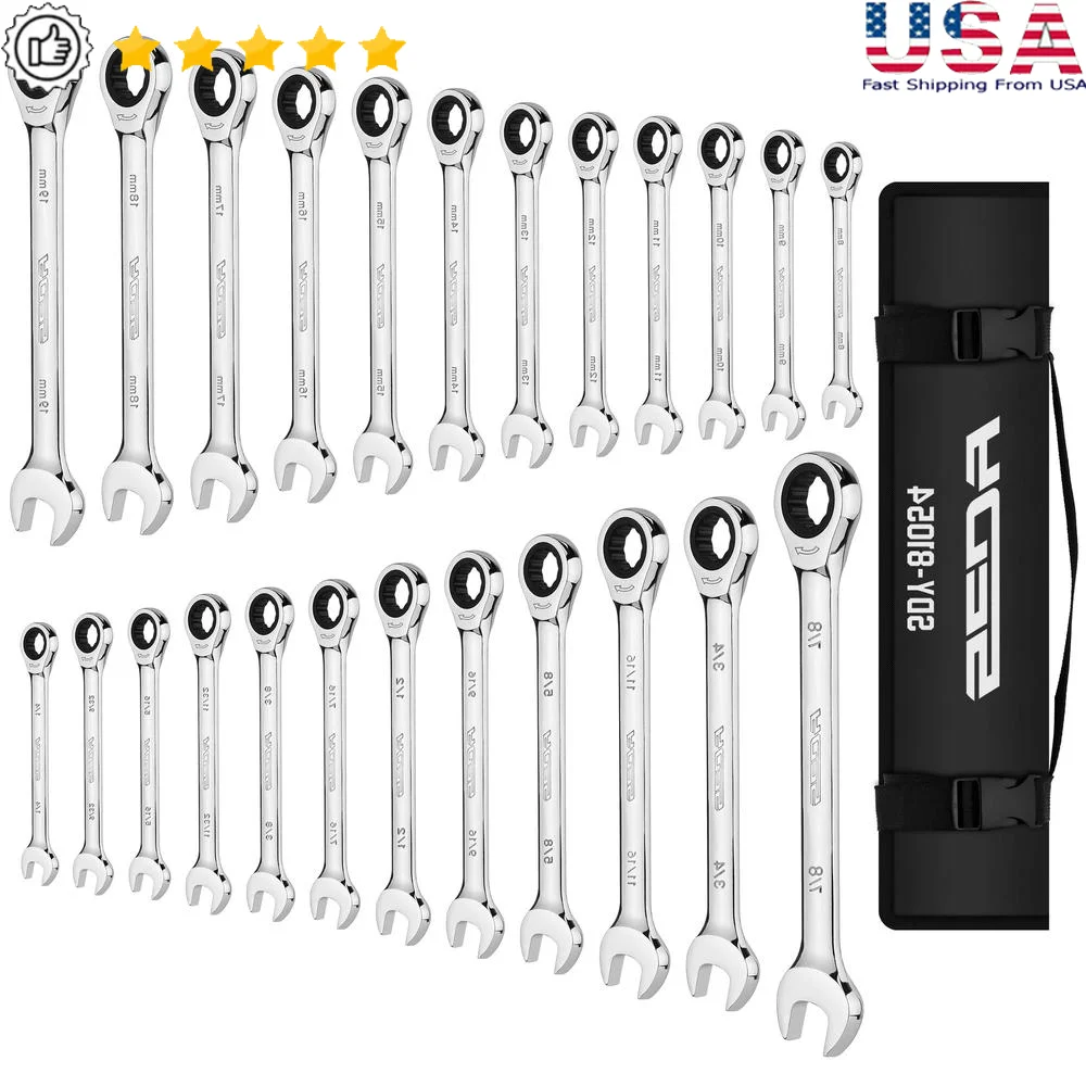 24-Piece Chrome Vanadium Ratcheting Wrench Set Metric Standard Combination with 72 Teeth 12-Point Box End Industrial Grade