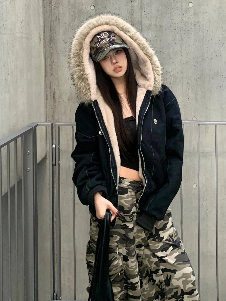 

Y2k Vintage Long Sleeve Faux Fur Collar Short Parkas Women Casual Solid Color Coat American Retro Streetwear 2025 Autumn