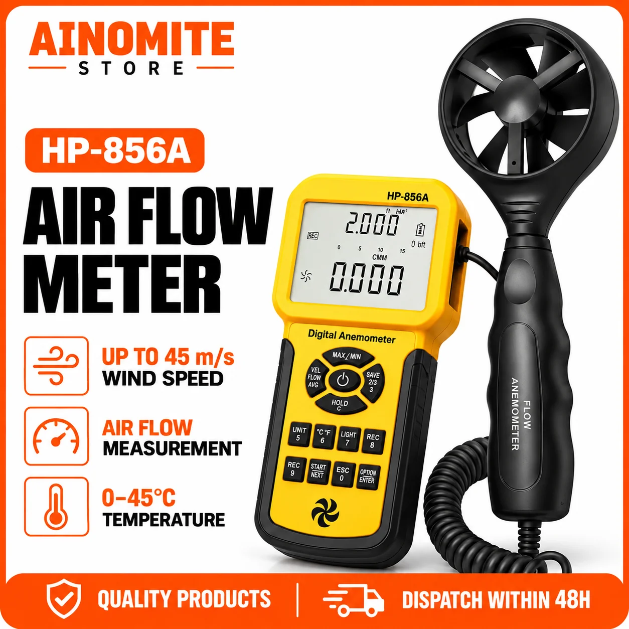 Handheld CFM Anemometer Wind Speed Meter 0.3-45m/s, HVAC Air Flow Meter with Temperature USB Data Record for Duct Vent