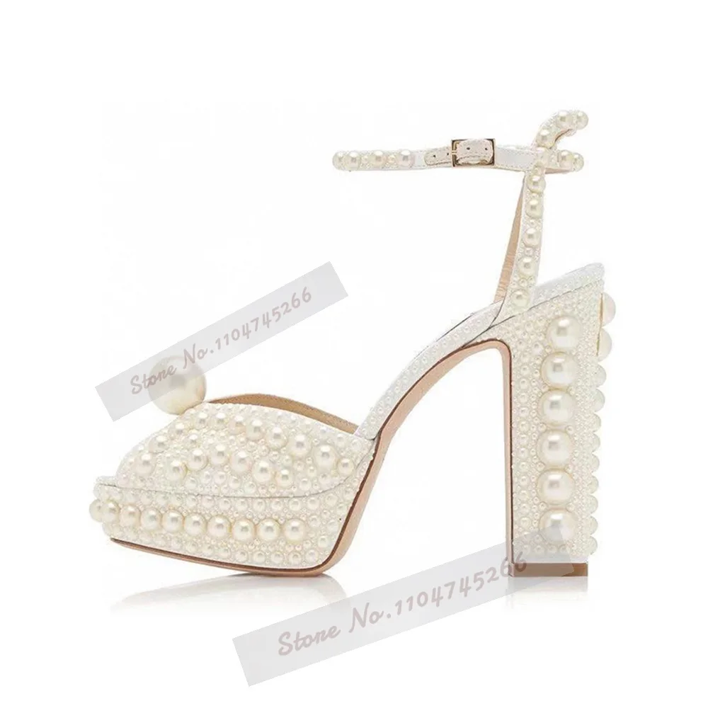 Big Small Full Pearl Chunky Heel Sandals Luxury Platform Beaded Glossy Wedding Dress Shoes Buckle Strap Open Toe Party Heels