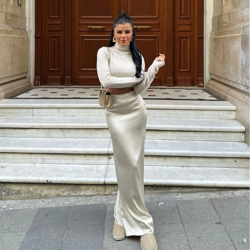 

European and American Socialite Autumn Style High-end Solid Color Slim Fit Long Skirt with Irregular Drape to Cover the Flesh