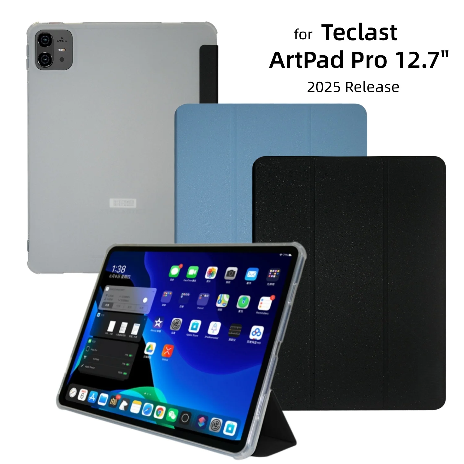 Smart Cover for Teclast ArtPad Pro 12.7 Inch 2025 Tablet Case Trifold Stand Pu Leather Soft TPU Back Shell Auto Sleep/Wake