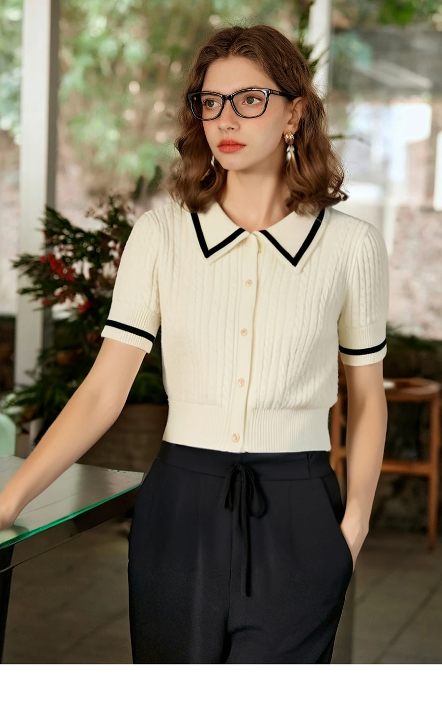 

OLrain, летний кардиган с короткими рукавами, женский винтажный трикотаж, 2021, французский вязаный укороченный топ с воротником-поло, женская одежда O57XZ98991