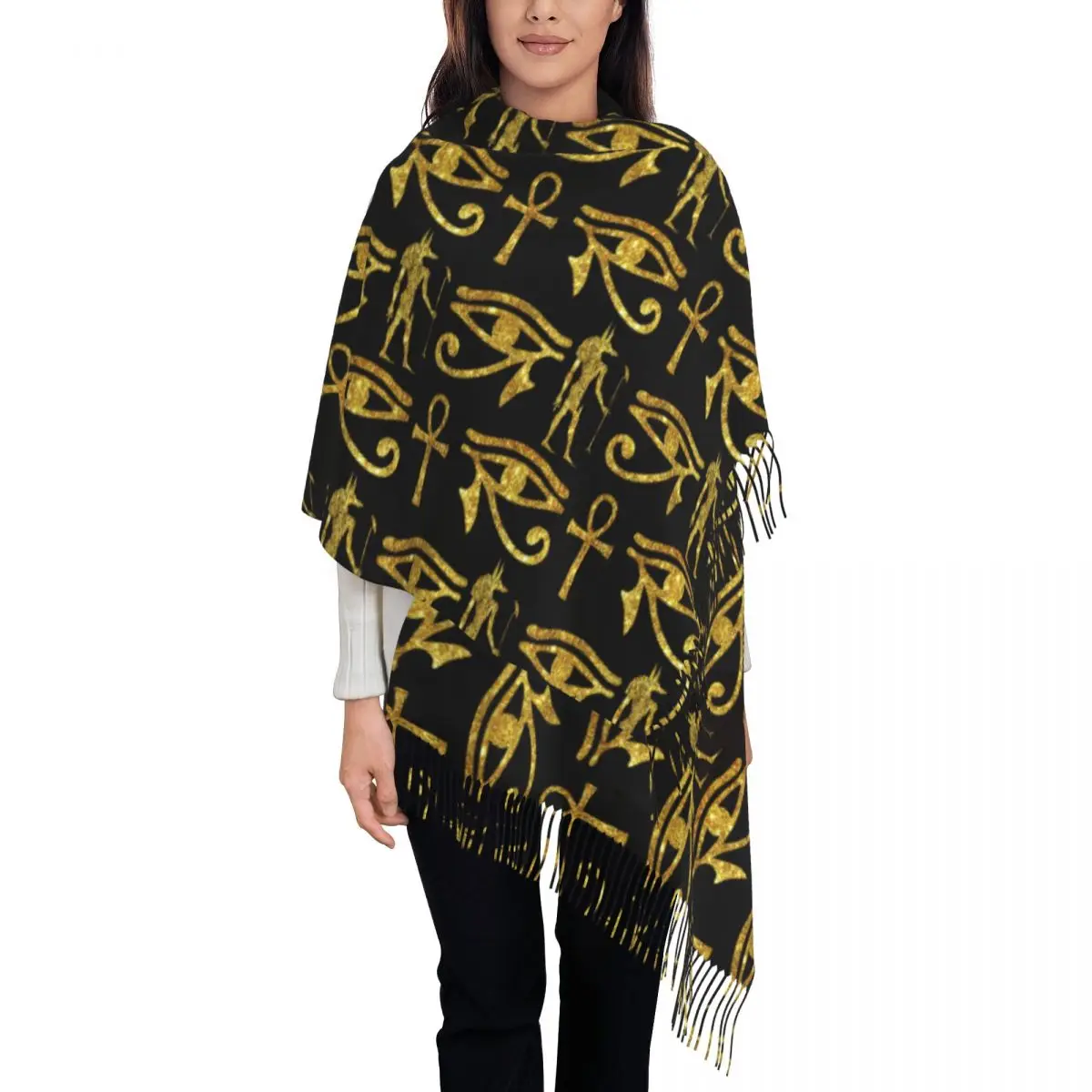 Ancient Egyptian Murals Ankh Gold Scarf Wrap for Women Long Winter Warm Tassel Shawl Unisex Scarves