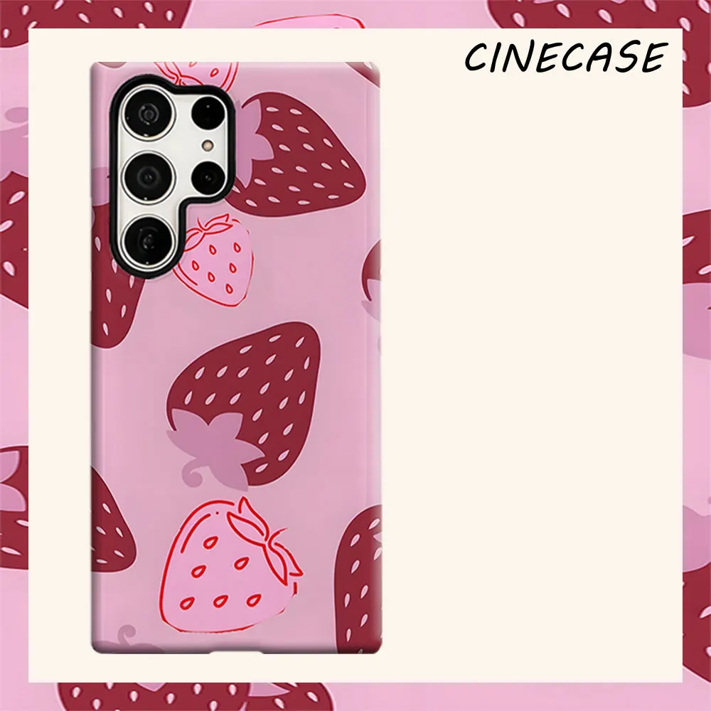 Pink Strawberry Outline Print For Samsung Galaxy S26 S25 S24 A56 A36 Dual Layer Luxury Fashion Full Lens Protective Case