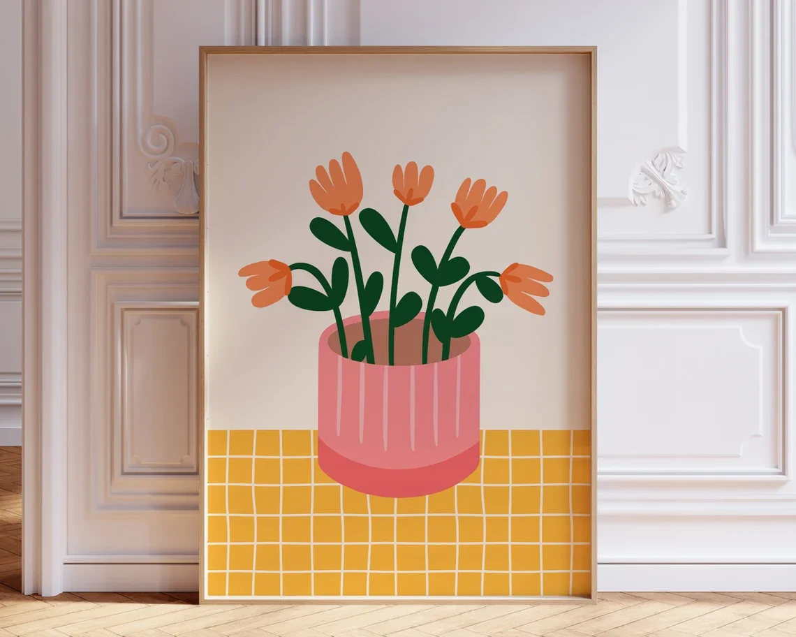 Flower Vase Print, Digital Download, Trendy Wall Art, Hand Drawn Checkered Flowers Tulips, Pink Orange Maximalist Decor Dopamine
