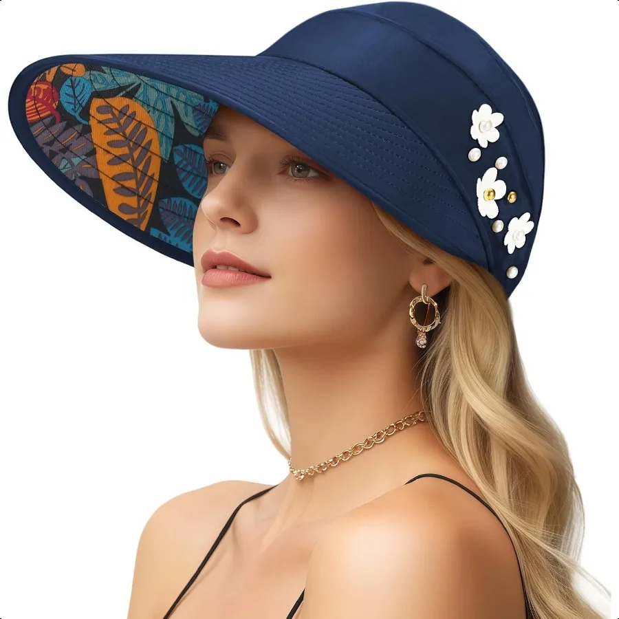 

Sun Hats for Women Wide Brim Beach Hats UV Protection Packable Visor Ponytail Sunhat for Summer