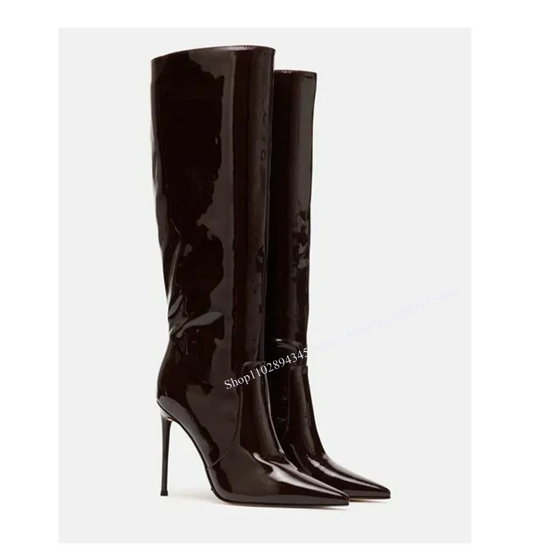 

Black Patent Leather Knee High Boots Thin High Heel Pointed Toe Fashionable Sexy Western Winter Woman Shoes Zapatilla Mujer