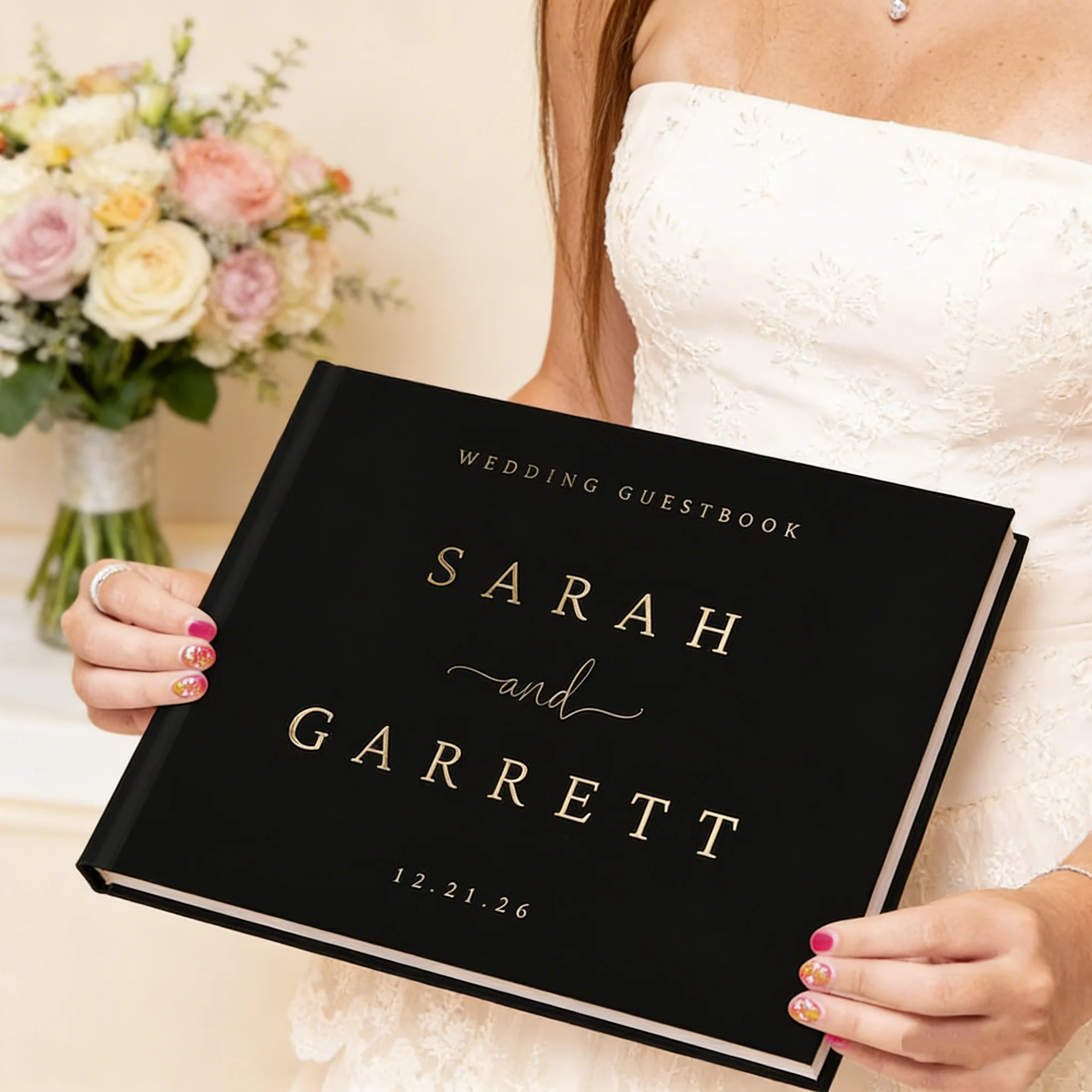 

Черная персонализированная книга для гостей на свадьбу, книга для подписей в твердом переплете, индивидуальный фотоальбом для моментальных фото Polaroid на свадьбу