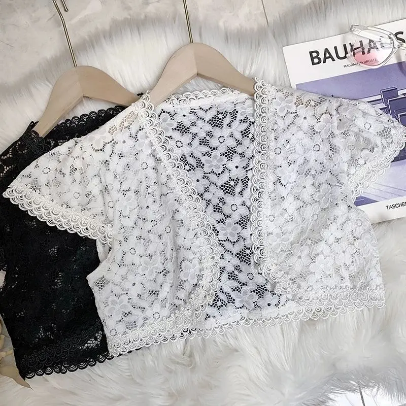 크로 셰 뜨개질 레이스 중공 카디건 짧은 재킷 여름 해변 커버 업 섹시한 우아한 여성 Office Lady All-match Slim Fit Summer