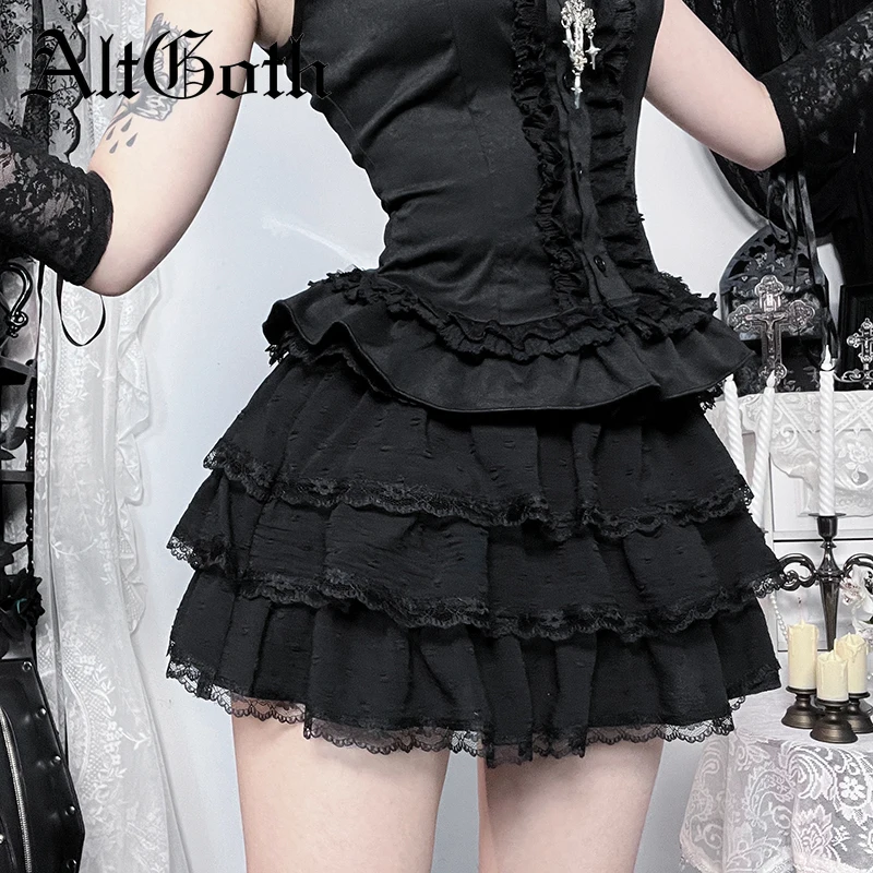 AltGoth Mall Goth Lolita Cake Skirt Women Fairycore Sweet Cute Y2k E-girl 90s Vintage Lace Patchwork High Waist Mini Skirt Femme