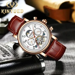 KINYUED Luxury Men‘s Watches Automatic Mechanical Moon Phase Watch for Men Hollow Design Leather Strap Male Business Wristwatch