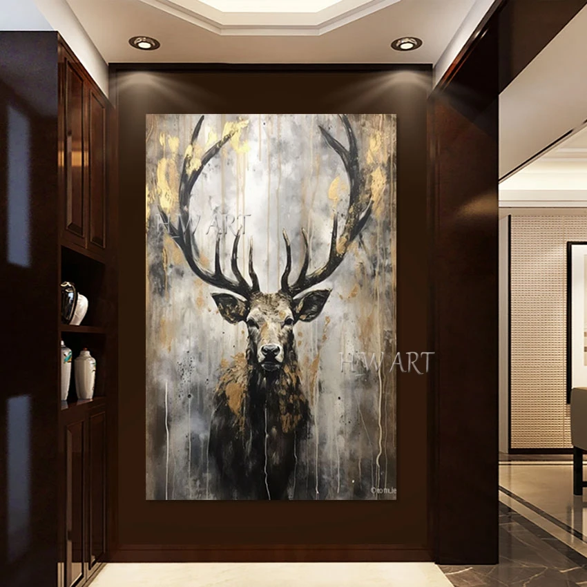 Abstract Gold Foil Textured Artwork, No Framed Decor Picture, Animal Oil Painting, Latest Arrival, Deer Art Modern Canvas Wall