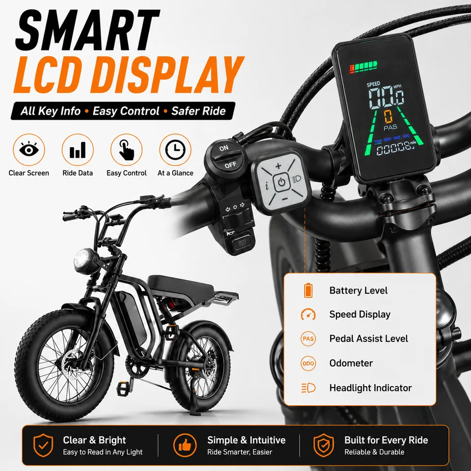 Powerful 1000W Peak Adults E-Bike 20x4.0 Fat Tire Dual Suspension 60Miles Long Range Electric Bicycle with Rear Rack