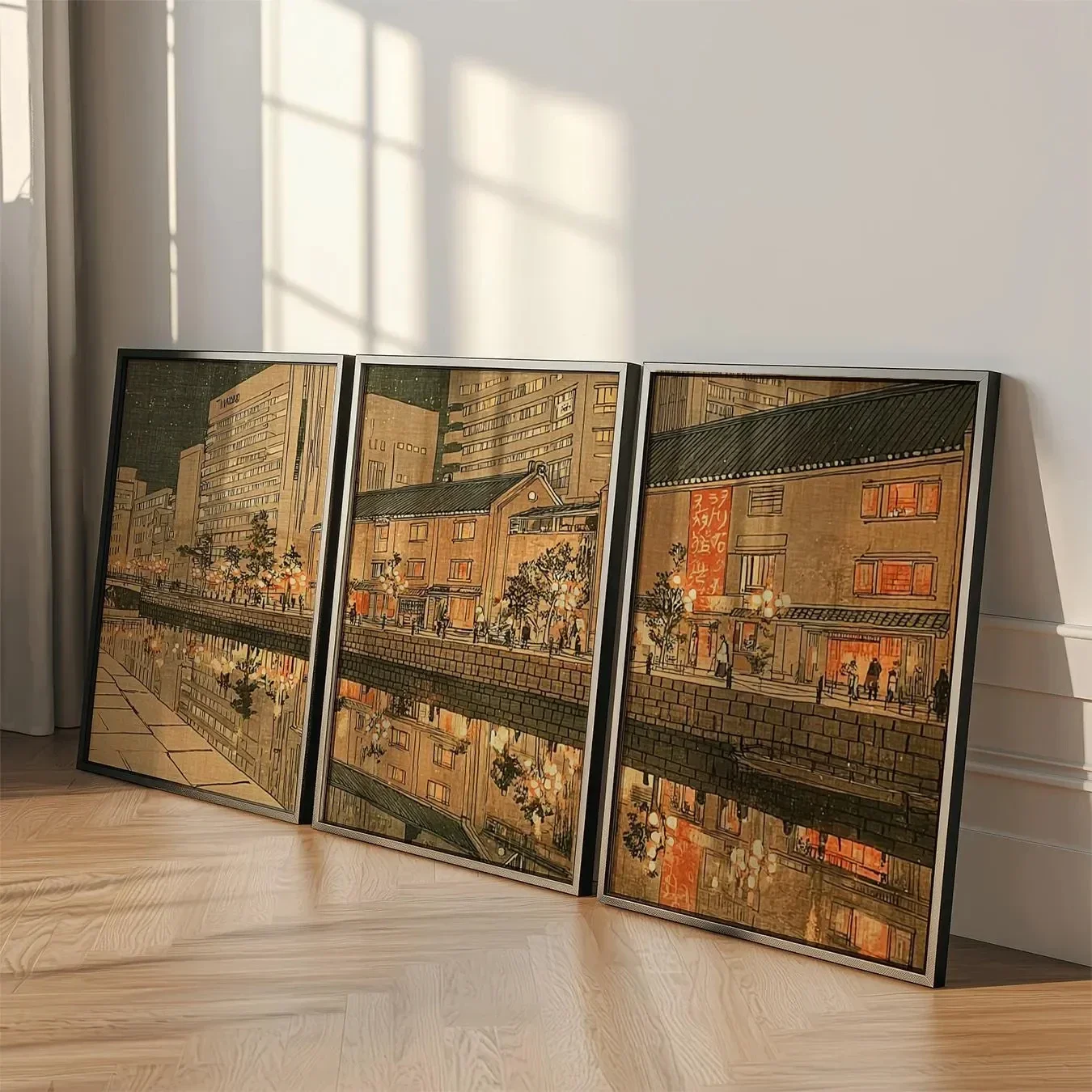 2D Flat Printing 3pcs frameless Multiple sizes   Canvas Painting,3Pcs Vintage Japanese Canal Wall Art, Ukiyo-e Night Riverside T