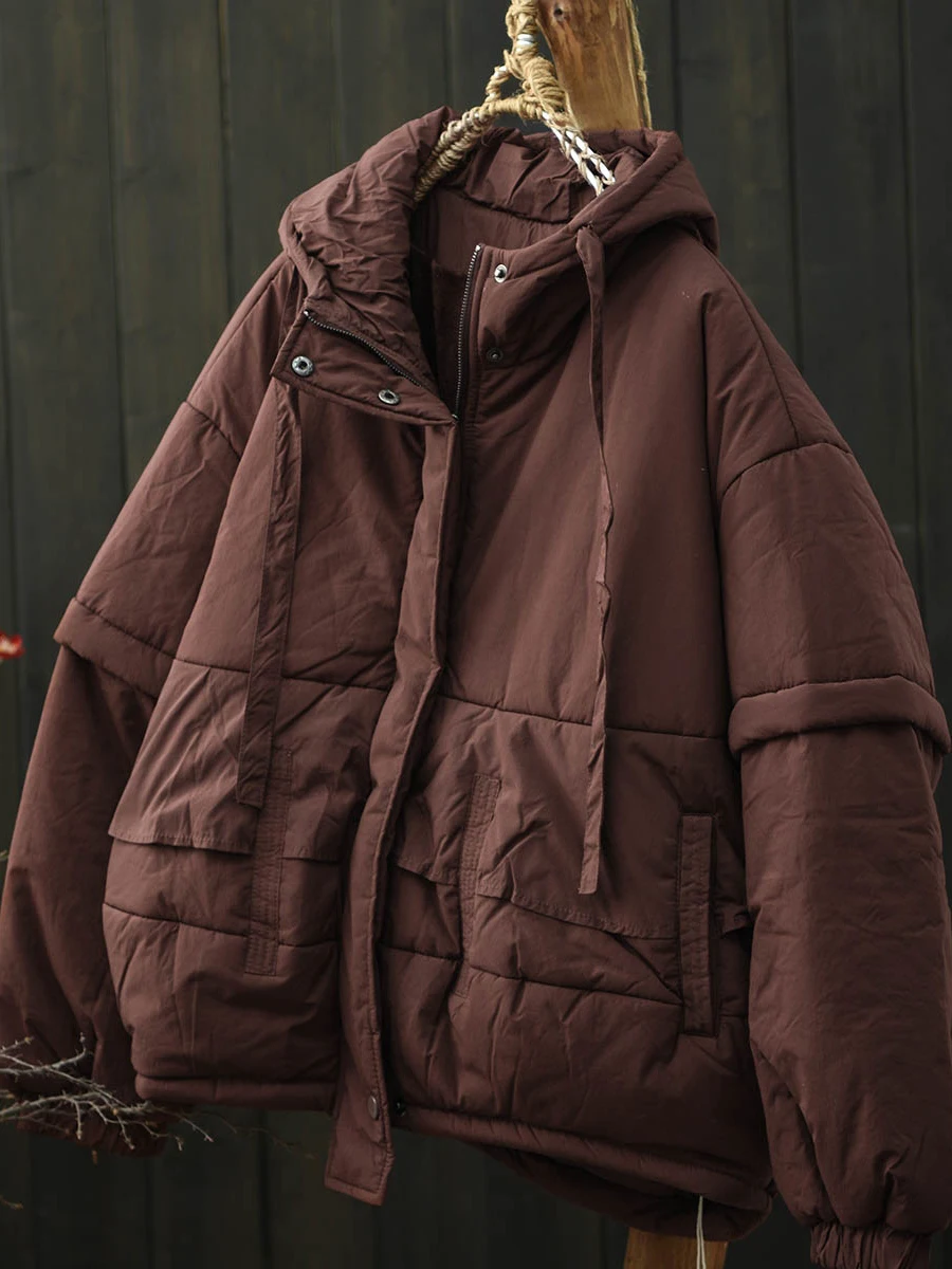 Hooded Fleece Lined Cotton Jacket Women's Warmth Oversized Winter New Style Short Cotton Coat Loose Fit Zipper Closure