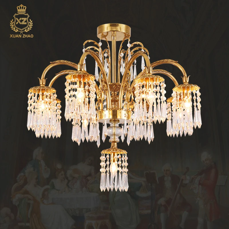 

XUANZHAO European Full Copper Chandelier French Living Room Dining Room Bedroom Crystal Copper Lamp