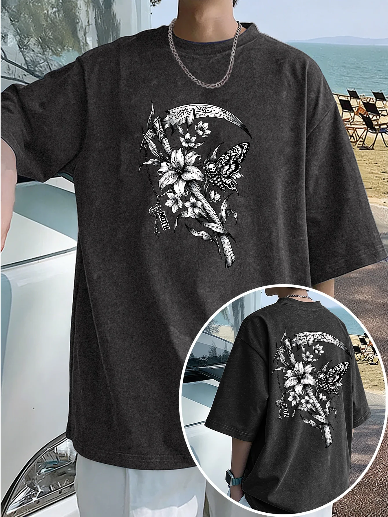 Men Double Sided Washed Cotton T-shirt, Dark Scythe Flower Tattoo Black White Art, Loose Comfort Gothic Street Graphic Tee S-3XL