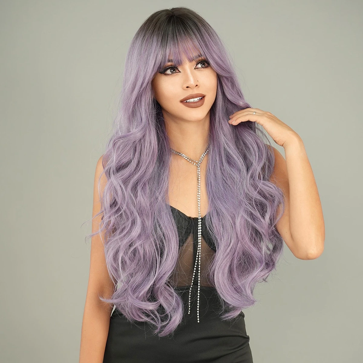 7JHH WIGS Costume Wig Synthetic Loose Water Wave Purple Wig with Dark Roots High Density Long Wavy Hair Wigs with Neat Bangs